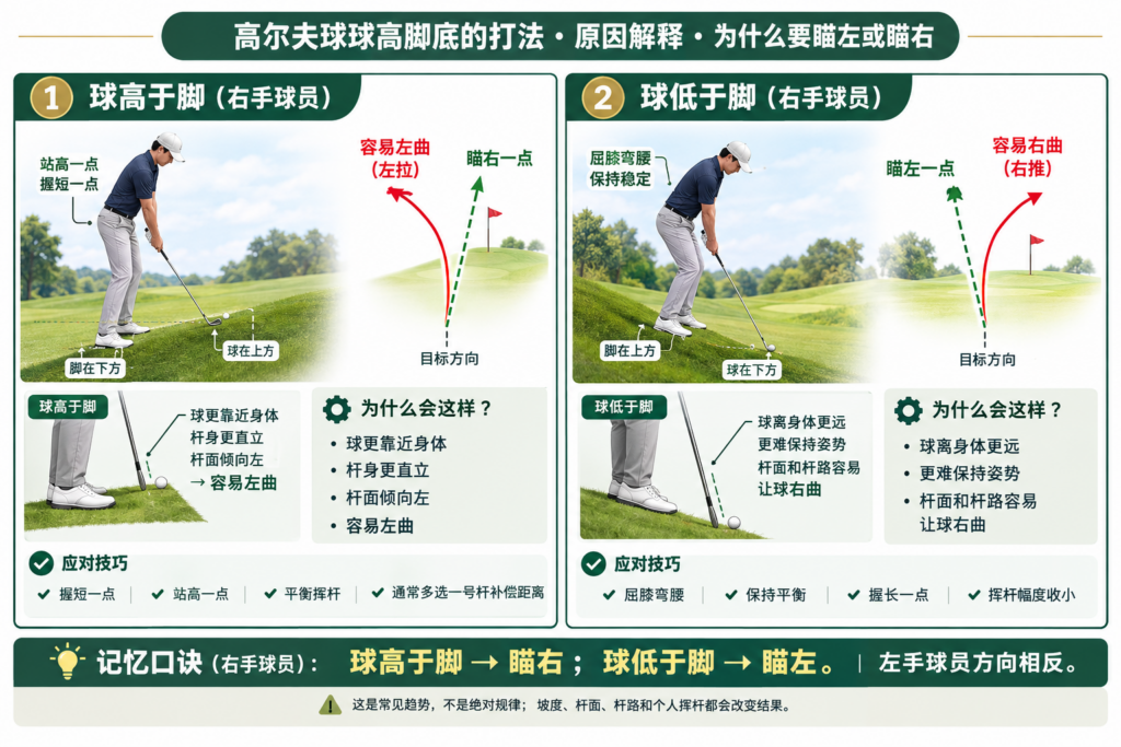 右手球员，球高于脚通常瞄右，球低于脚通常瞄左。 这是为了补偿斜坡造成的球杆杆面方向和击球轨迹变化…